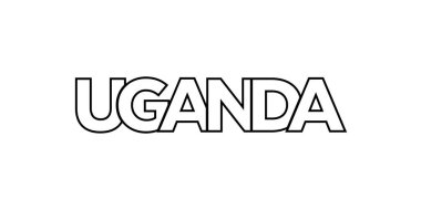 Baskı ve ağ için Uganda amblemi. Tasarım, modern yazı tipinde cesur tipografiye sahip geometrik stil, vektör illüstrasyonuna sahiptir. Beyaz arkaplanda izole edilmiş grafiksel slogan harfleri.