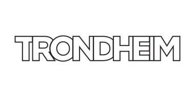 Norveç ambleminde baskı ve ağ için Trondheim. Tasarım, modern yazı tipinde cesur tipografiye sahip geometrik stil, vektör illüstrasyonuna sahiptir. Beyaz arkaplanda izole edilmiş grafiksel slogan harfleri.