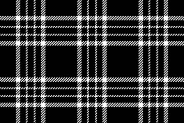 Siyah ve beyaz renklerde tartan kontrol vektör desenli dikişsiz arkaplan tekstili kumaş ekoseli.