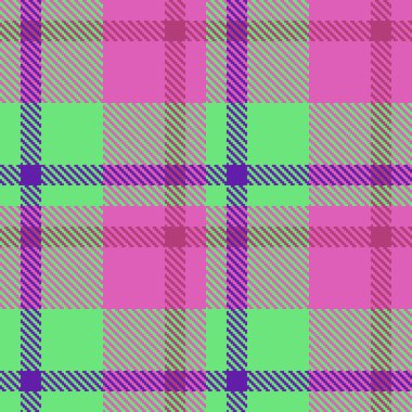 Tekstil dokusu vektörünün ekose kumaşını menekşe ve yeşil renklerde arkaplan dikişsiz deseni ile kontrol et.