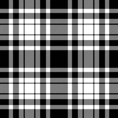 Siyah ve beyaz renkli tekstil desenli ekoseli tartan doku vektörünün kusursuz kumaş arka planı.