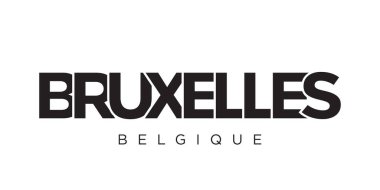 Belçika ambleminde baskı ve ağ için Bruxelles. Tasarım, modern yazı tipinde cesur tipografiye sahip geometrik stil, vektör illüstrasyonuna sahiptir. Beyaz arkaplanda izole edilmiş grafiksel slogan harfleri.