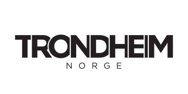 Norveç ambleminde baskı ve ağ için Trondheim. Tasarım, modern yazı tipinde cesur tipografiye sahip geometrik stil, vektör illüstrasyonuna sahiptir. Beyaz arkaplanda izole edilmiş grafiksel slogan harfleri.