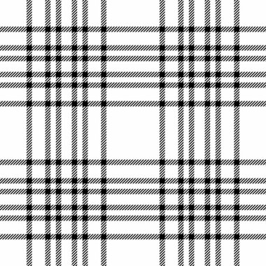 Ekose desenli beyaz ve siyah renkli kumaşlı tekstil arkaplan tartanın kusursuz vektör dokusu.