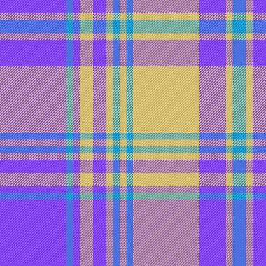 Tekstil tartan ekosesinin kumaş vektörünü, desensiz arkaplanı mor ve sarı renklerde kontrol et.