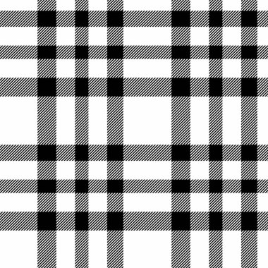 Kumaş dokunun tekstil arkaplan tartanı beyaz ve siyah renklerde kusursuz ekose vektör deseni ile kontrol.