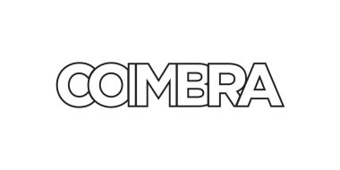 Portekiz ambleminde baskı ve ağ için Coimbra. Tasarım, modern yazı tipinde cesur tipografiye sahip geometrik stil, vektör illüstrasyonuna sahiptir. Beyaz arkaplanda izole edilmiş grafiksel slogan harfleri.