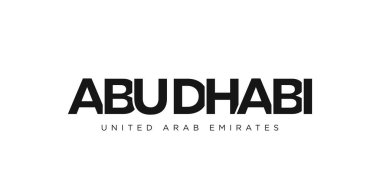 Abu Dabi, Birleşik Arap Emirlikleri ambleminde basılı ve internetli. Tasarım, modern yazı tipinde cesur tipografiye sahip geometrik stil, vektör illüstrasyonuna sahiptir. Beyaz arkaplanda izole edilmiş grafiksel slogan harfleri.