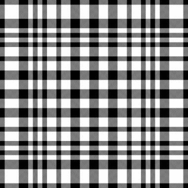 Siyah ve beyaz renkli tekstil desensiz kumaşlı ekose arkaplan tartan vektör kontrolü.