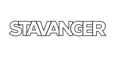 Stavanger, Norveç ambleminde baskı ve ağ için. Tasarım, modern yazı tipinde cesur tipografiye sahip geometrik stil, vektör illüstrasyonuna sahiptir. Beyaz arkaplanda izole edilmiş grafiksel slogan harfleri.
