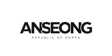 Anseong, Kore ambleminde basım ve ağ anlamına gelir. Tasarım, modern yazı tipinde cesur tipografiye sahip geometrik stil, vektör illüstrasyonuna sahiptir. Beyaz arkaplanda izole edilmiş grafiksel slogan harfleri.
