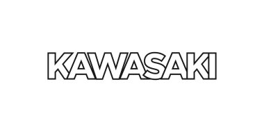 Kawasaki Japonya ambleminde baskı ve ağ anlamına geliyor. Tasarım, modern yazı tipinde cesur tipografiye sahip geometrik stil, vektör illüstrasyonuna sahiptir. Beyaz arkaplanda izole edilmiş grafiksel slogan harfleri.