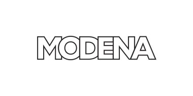 Modena, İtalya ambleminde baskı ve ağ anlamına gelir. Tasarım, modern yazı tipinde cesur tipografiye sahip geometrik stil, vektör illüstrasyonuna sahiptir. Beyaz arkaplanda izole edilmiş grafiksel slogan harfleri.