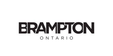 Brampton, Kanada ambleminde baskı ve web için. Tasarım, modern yazı tipinde cesur tipografiye sahip geometrik stil, vektör illüstrasyonuna sahiptir. Beyaz arkaplanda izole edilmiş grafiksel slogan harfleri.