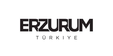 Erzurum in the Turkey amblem for print and web. Tasarım, modern yazı tipinde cesur tipografiye sahip geometrik stil, vektör illüstrasyonuna sahiptir. Beyaz arkaplanda izole edilmiş grafiksel slogan harfleri.