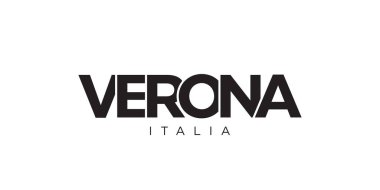 Verona, İtalya ambleminde baskı ve ağ anlamına gelir. Tasarım, modern yazı tipinde cesur tipografiye sahip geometrik stil, vektör illüstrasyonuna sahiptir. Beyaz arkaplanda izole edilmiş grafiksel slogan harfleri.