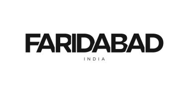Hindistan amblemindeki Faridabad 'da basım ve ağ için. Tasarım, modern yazı tipinde cesur tipografiye sahip geometrik stil, vektör illüstrasyonuna sahiptir. Beyaz arkaplanda izole edilmiş grafiksel slogan harfleri.