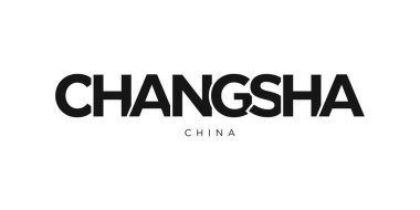 Changsha, Çin ambleminde basım ve ağ anlamına geliyor. Tasarım, modern yazı tipinde cesur tipografiye sahip geometrik stil, vektör illüstrasyonuna sahiptir. Beyaz arkaplanda izole edilmiş grafiksel slogan harfleri.