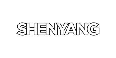 Shenyang, Çin ambleminde basım ve ağ anlamına gelir. Tasarım, modern yazı tipinde cesur tipografiye sahip geometrik stil, vektör illüstrasyonuna sahiptir. Beyaz arkaplanda izole edilmiş grafiksel slogan harfleri.