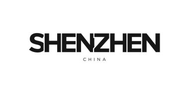 Shenzhen, Çin ambleminde basım ve ağ anlamına geliyor. Tasarım, modern yazı tipinde cesur tipografiye sahip geometrik stil, vektör illüstrasyonuna sahiptir. Beyaz arkaplanda izole edilmiş grafiksel slogan harfleri.