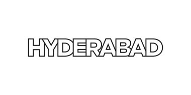 Hyderabad, Pakistan ambleminde baskı ve ağ için. Tasarım, modern yazı tipinde cesur tipografiye sahip geometrik stil, vektör illüstrasyonuna sahiptir. Beyaz arkaplanda izole edilmiş grafiksel slogan harfleri.