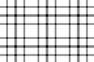 Beyaz ve siyah renklerde dikişsiz ekose kumaş arkaplanı olan desen tartan deseninin tekstil denetimi vektörü.