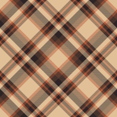 Turuncu ve koyu renklerde arkaplan dokusu kontrol desenine sahip ekose ekoseli kumaşın kumaşsız vektörü.