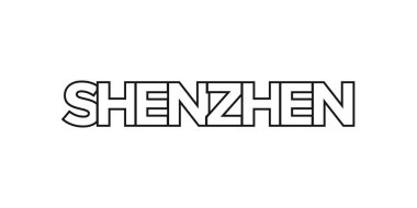 Shenzhen, Çin ambleminde basım ve ağ anlamına geliyor. Tasarım, modern yazı tipinde cesur tipografiye sahip geometrik stil, vektör illüstrasyonuna sahiptir. Beyaz arkaplanda izole edilmiş grafiksel slogan harfleri.