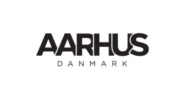 Aarhus, Danimarka ambleminde basılı ve internetli. Tasarım, modern yazı tipinde cesur tipografiye sahip geometrik stil, vektör illüstrasyonuna sahiptir. Beyaz arkaplanda izole edilmiş grafiksel slogan harfleri.