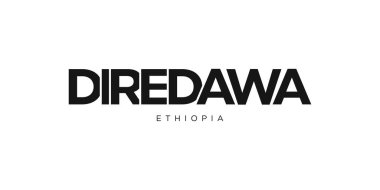 Etiyopya ambleminde baskı ve ağ için Diredawa. Tasarım, modern yazı tipinde cesur tipografiye sahip geometrik stil, vektör illüstrasyonuna sahiptir. Beyaz arkaplanda izole edilmiş grafiksel slogan harfleri.