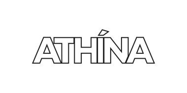 Yunanistan 'daki Athina yazı ve ağ için amblem oluşturuyor. Tasarım, modern yazı tipinde cesur tipografiye sahip geometrik stil, vektör illüstrasyonuna sahiptir. Beyaz arkaplanda izole edilmiş grafiksel slogan harfleri.