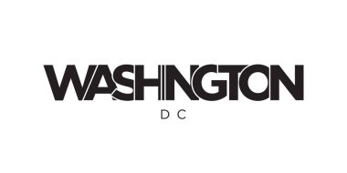 Washington, DC, ABD tipografi sloganı. Baskı ve web ürünleri için grafik şehir harfleriyle Amerika logosu.