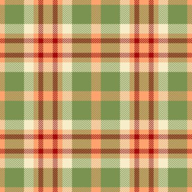Ekose desenli yeşil ve turuncu renkli kumaş tartan vektörün dokusuz dokusu..