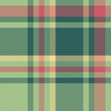 Yeşil ve yeşil renklerde tartan desenli, vektör kumaş arkaplanının ekosesiz kumaşı..