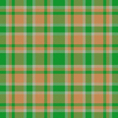 Yeşil ve turuncu renkli vektör desenli dikişsiz tartan dokunun tekstil arkaplan dokusu.