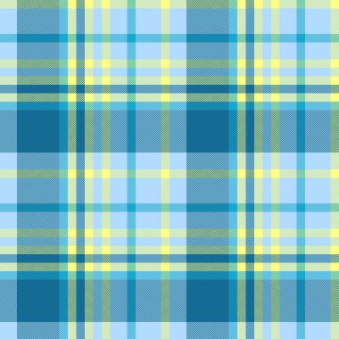 Kumaş ekoseli arkaplanının kusursuz tekstil dokusu. Cyan ve sarı renkli vektör kontrol desenli tartan..