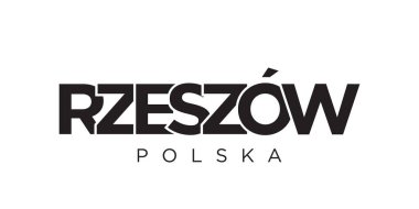 Polonya ambleminde Rzeszow basılı ve internetli. Tasarım, modern yazı tipinde cesur tipografiye sahip geometrik stil, vektör illüstrasyonuna sahiptir. Beyaz arkaplanda izole edilmiş grafiksel slogan harfleri.