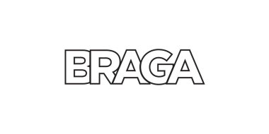 Portekiz ambleminde baskı ve ağ için Braga. Tasarım, modern yazı tipinde cesur tipografiye sahip geometrik stil, vektör illüstrasyonuna sahiptir. Beyaz arkaplanda izole edilmiş grafiksel slogan harfleri.