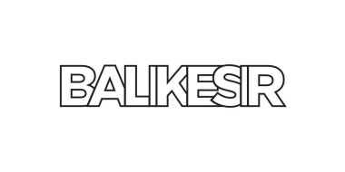 Türkiye 'deki Balikesir amblemi basılı ve internetli. Tasarım, modern yazı tipinde cesur tipografiye sahip geometrik stil, vektör illüstrasyonuna sahiptir. Beyaz arkaplanda izole edilmiş grafiksel slogan harfleri.