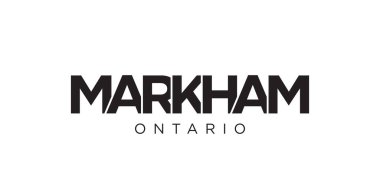 Markham, Kanada ambleminde parmak izi ve internet için. Tasarım, modern yazı tipinde cesur tipografiye sahip geometrik stil, vektör illüstrasyonuna sahiptir. Beyaz arkaplanda izole edilmiş grafiksel slogan harfleri.