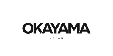 Okayama Japonya ambleminde baskı ve web için kullanılır. Tasarım, modern yazı tipinde cesur tipografiye sahip geometrik stil, vektör illüstrasyonuna sahiptir. Beyaz arkaplanda izole edilmiş grafiksel slogan harfleri.