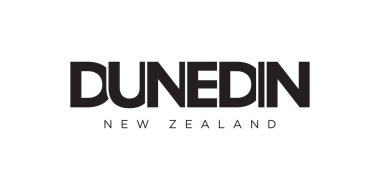 Dunedin, Yeni Zelanda ambleminde baskı ve ağ için. Tasarım, modern yazı tipinde cesur tipografiye sahip geometrik stil, vektör illüstrasyonuna sahiptir. Beyaz arkaplanda izole edilmiş grafiksel slogan harfleri.