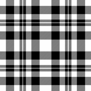 Tekstil desenli tartan ekoseli beyaz ve siyah renkli arkaplan desenli vektörün kusursuz dokusunu kontrol et.
