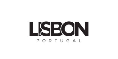 Lizbon, Portekiz ambleminde basılı ve internetli. Tasarım, modern yazı tipinde cesur tipografiye sahip geometrik stil, vektör illüstrasyonuna sahiptir. Beyaz arkaplanda izole edilmiş grafiksel slogan harfleri.