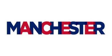 Birleşik Krallık dizaynında Manchester şehrinde, beyaz arkaplan üzerine modern yazı tipi ile kalın bir tipografi içeren geometrik bir stil vektör illüstrasyonu yer almaktadır..