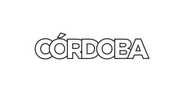 Arjantin ambleminde baskı ve ağ için Cordoba. Tasarım, modern yazı tipinde cesur tipografiye sahip geometrik stil, vektör illüstrasyonuna sahiptir. Beyaz arkaplanda izole edilmiş grafiksel slogan harfleri.