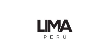 Baskı ve ağ için Peru ambleminde Lima. Tasarım, modern yazı tipinde cesur tipografiye sahip geometrik stil, vektör illüstrasyonuna sahiptir. Beyaz arkaplanda izole edilmiş grafiksel slogan harfleri.