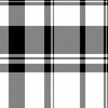 Ekose desenli beyaz ve siyah renkli tartan desenli vektör tekstil arkaplanının dokusuz dokusu.