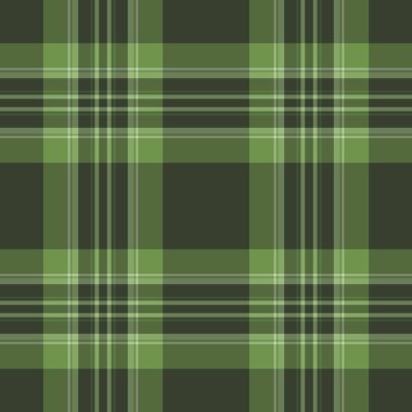 Kumaş desenli ekoseli tartan arkaplan dokusu yeşil ve koyu renklerde dikişsiz tekstil vektörü.