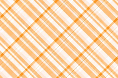 Turuncu ve beyaz renkli tartan tekstil arkaplan kumaşlı ekosesiz kumaşın desen vektör kontrolü.